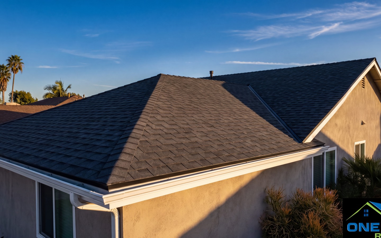Newly installed charcoal architectural asphalt shingle roof on a renovated ranch home
